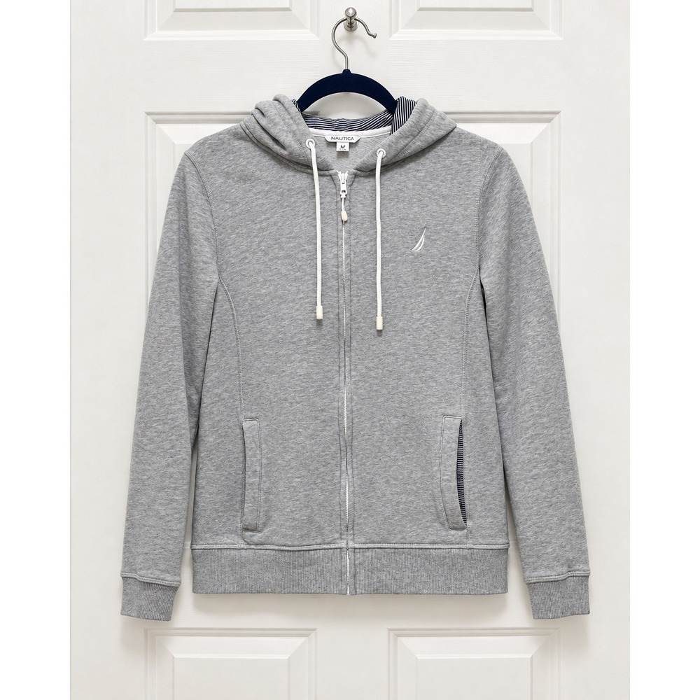Nautica Womens Heather Grey Full Zip Hoodie Striped Lining Fleece Jacket Size M